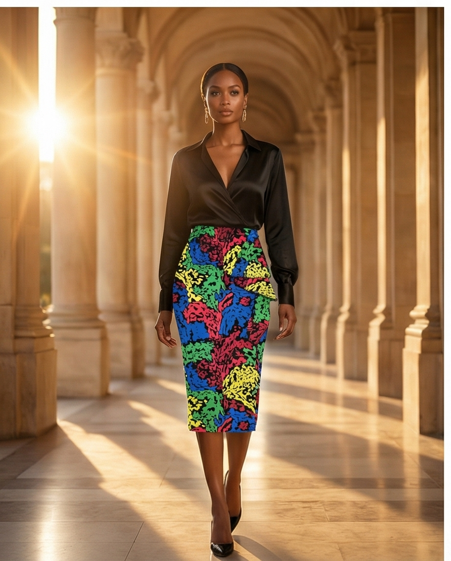 Pencil skirt with ruffles and front side slit opening