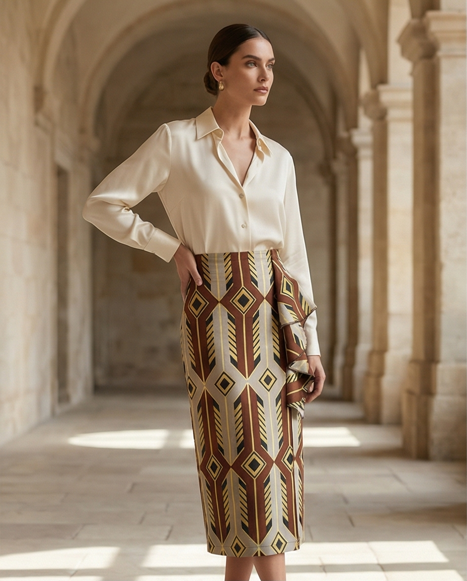 Pencil skirt with ruffles and front side slit opening