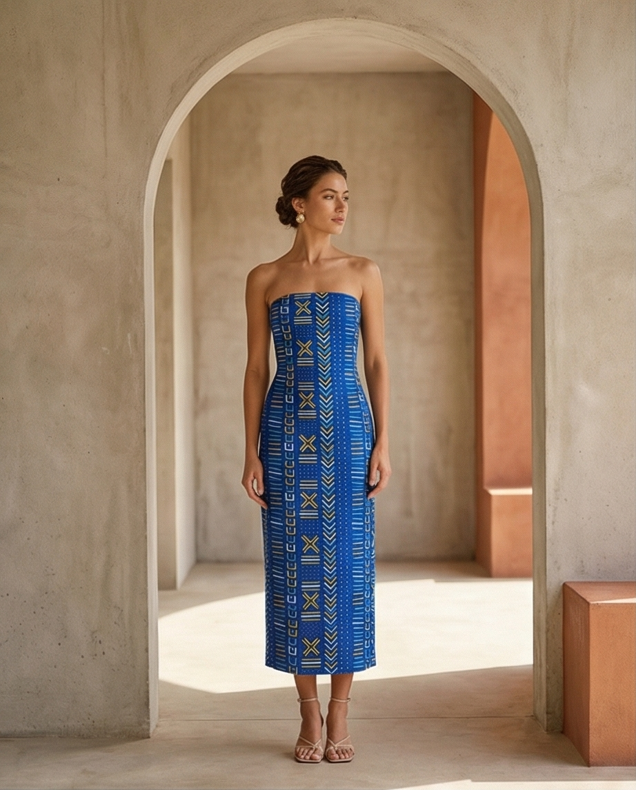 Strapless Blue Bogolan Dress - One Size, Customizable