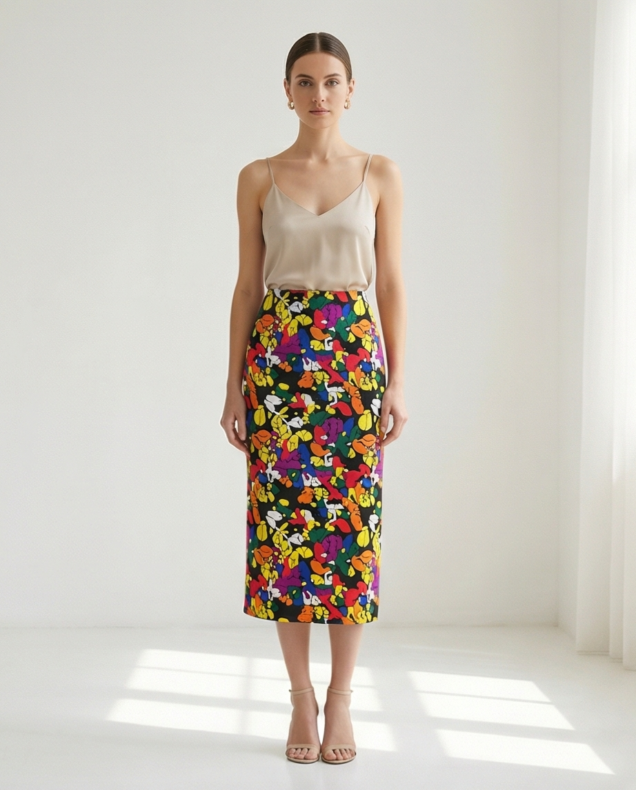 Pencil skirt with ruffles and front side slit opening