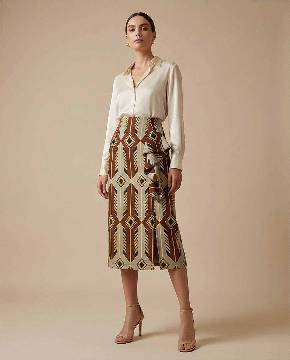 Pencil skirt with ruffles and front side slit opening