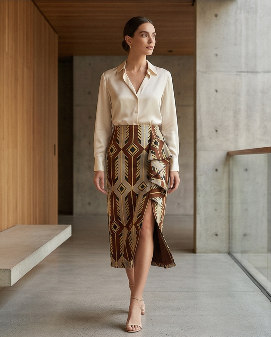 Pencil skirt with ruffles and front side slit opening
