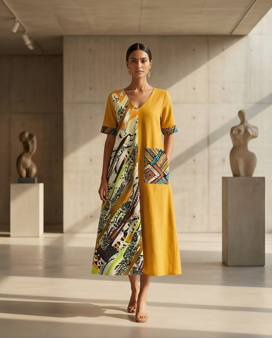 Yellow Linen Dress with African Detail Print exclusive at WAKABI
