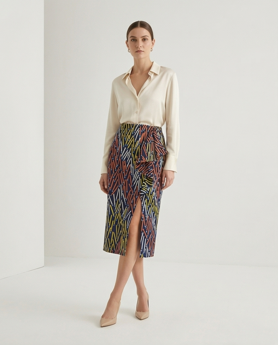 Pencil skirt with ruffles and front side slit opening