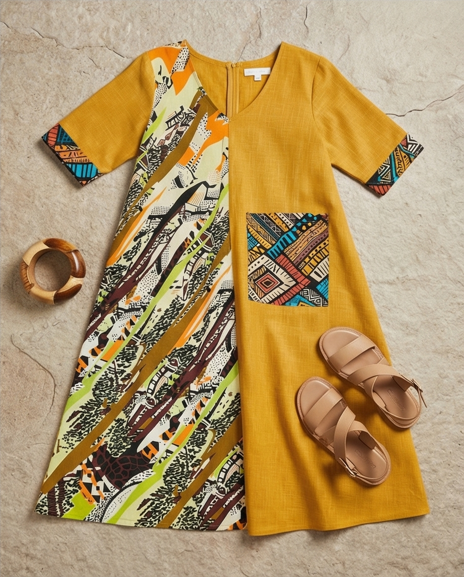 Yellow Linen Dress with African Detail Print