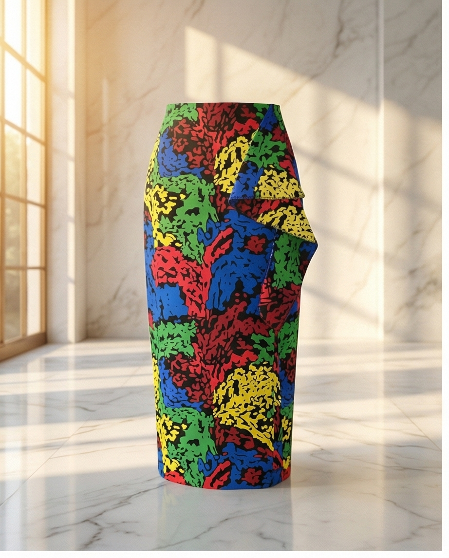 Pencil skirt with ruffles and front side slit opening