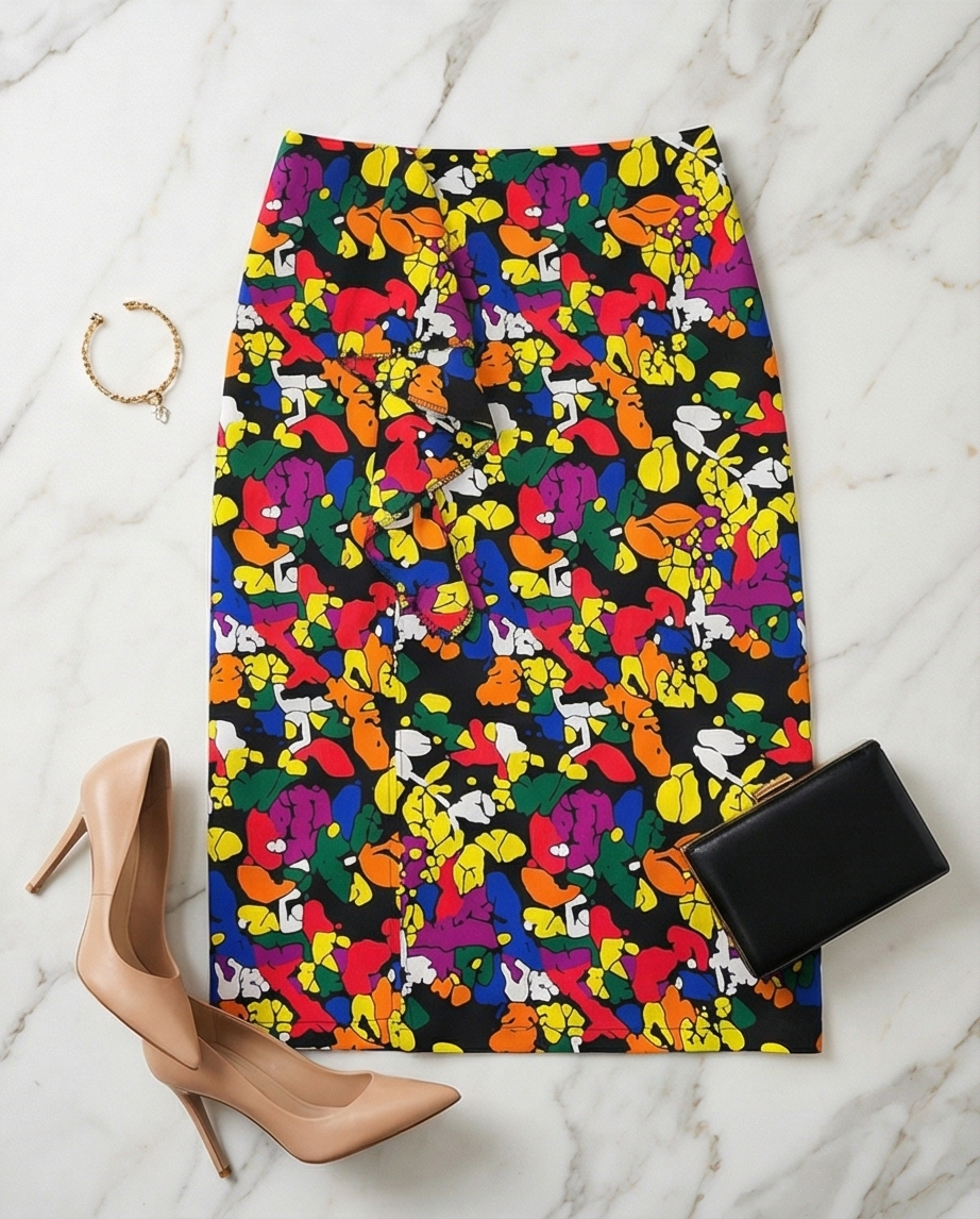 Pencil skirt with ruffles and front side slit opening