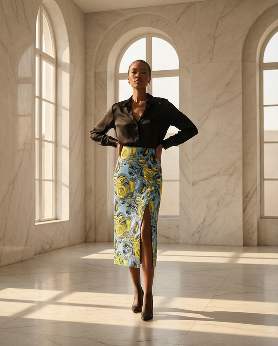Pencil skirt with ruffles and front side slit opening