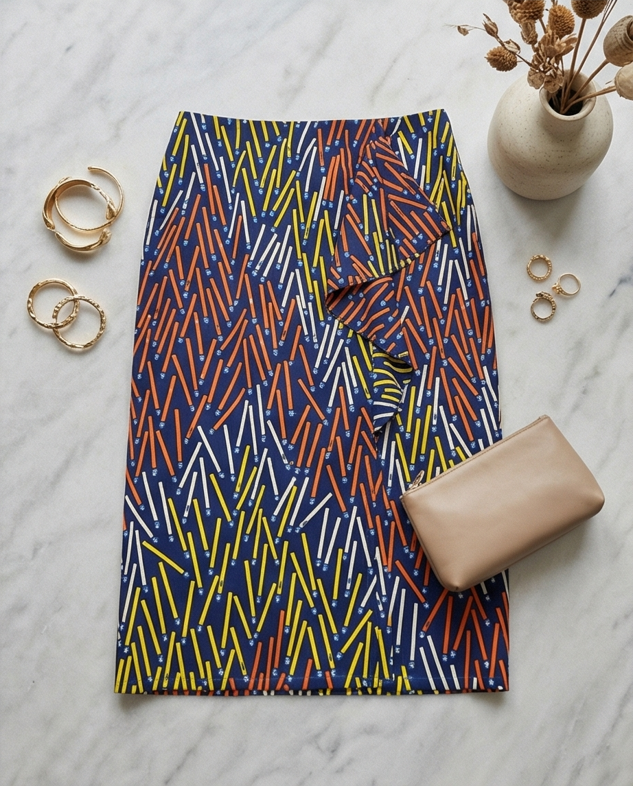 Pencil skirt with ruffles and front side slit opening