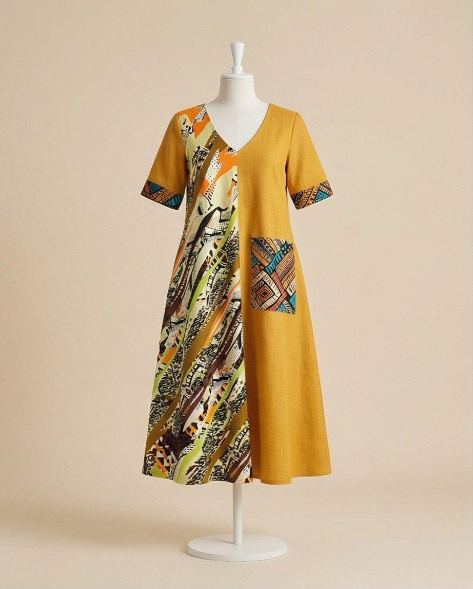 Yellow Linen Dress with African Detail Print