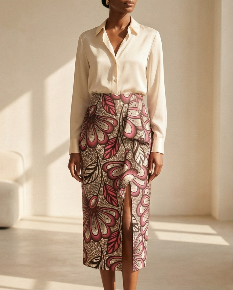 Pencil skirt with ruffles and front side slit opening